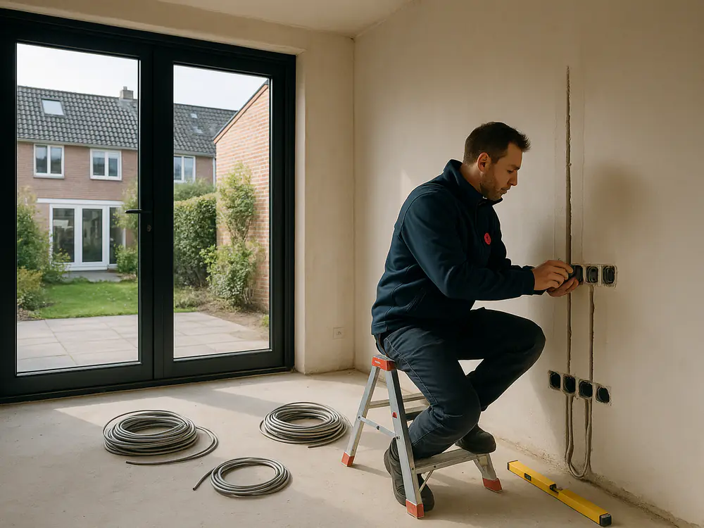 Elektricien plaatst inbouwdozen in een net gestucte aanbouw met openslaande tuindeuren