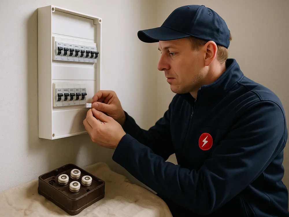 Elektricien plakt labels onder de groepen van een nieuwe drie-fase groepenkast, de oude stoppenkast ligt ernaast