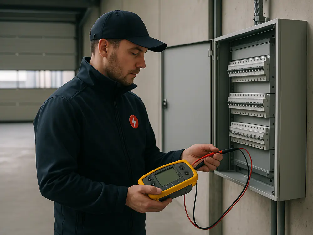 Elektricien meet een nieuwe verdeelinrichting door met een installatietester in een nieuw bedrijfspand