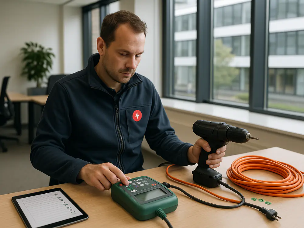 Inspecteur keurt een boormachine en verlengsnoer met een apparatentester volgens NEN 3140