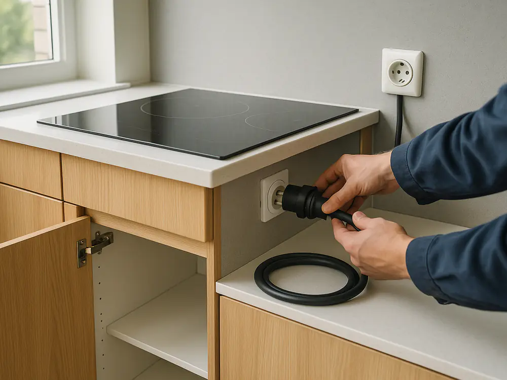 Elektricien sluit de kabel van een nieuwe inductiekookplaat aan in het keukenkastje