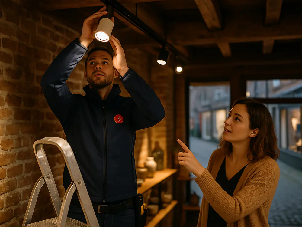 Elektricien monteert ledspots aan een rail in een winkel met oude bakstenen muren in de binnenstad