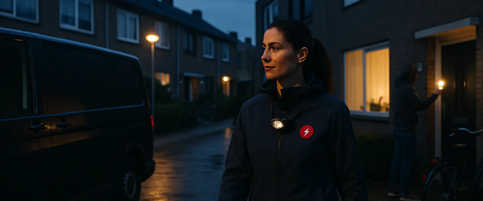 Elektricien loopt in de avond van de bus naar een woning waar de stroom is uitgevallen