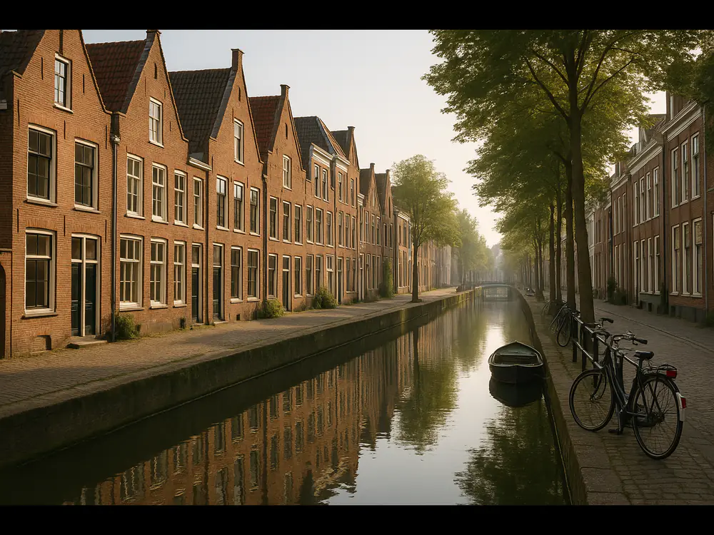 Stille gracht met smalle bakstenen grachtenpanden en fietsen aan de kade